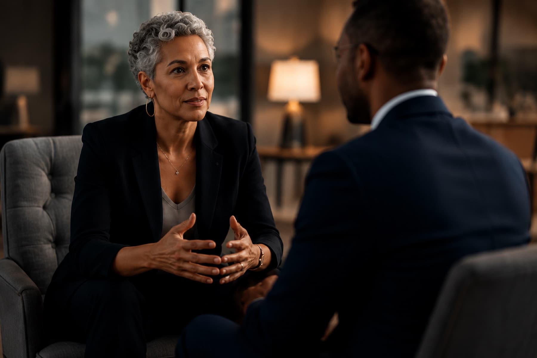 Two executives in a focused one-on-one conversation in a warmly lit office