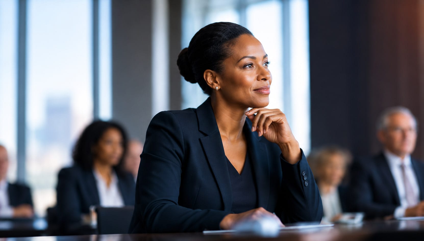 A Black woman executive seated at a boardroom table, chin resting on her hand, listening thoughtfully