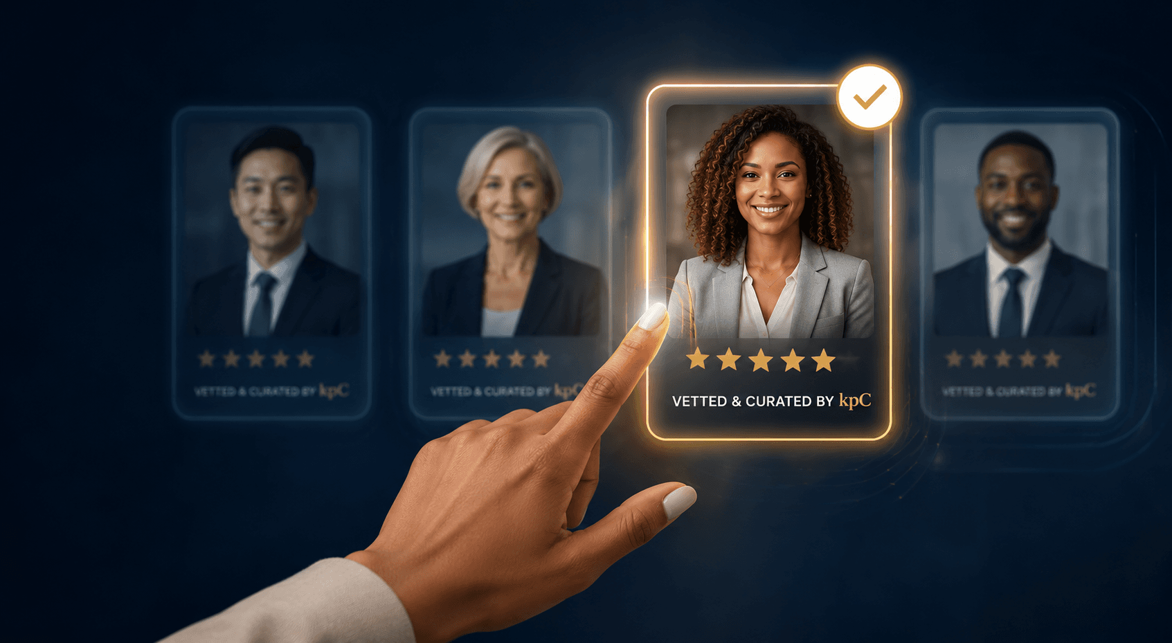 An executive hand selecting an illuminated candidate profile marked Vetted & Curated by kpC from a row of executive profile cards